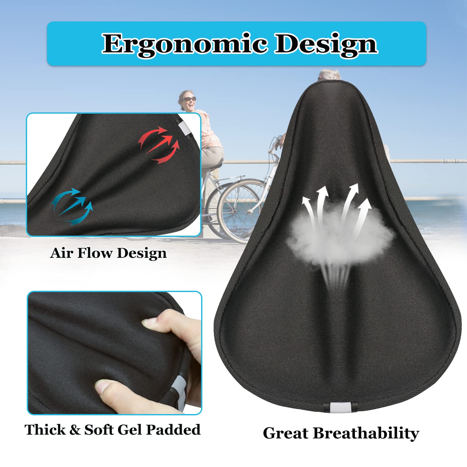Geronmine Gel Bike Seat Cover Padded Bicycle Saddle Covers For Women  Men, Most Comfortable Exercise Bike Seat Cushion Cover, So