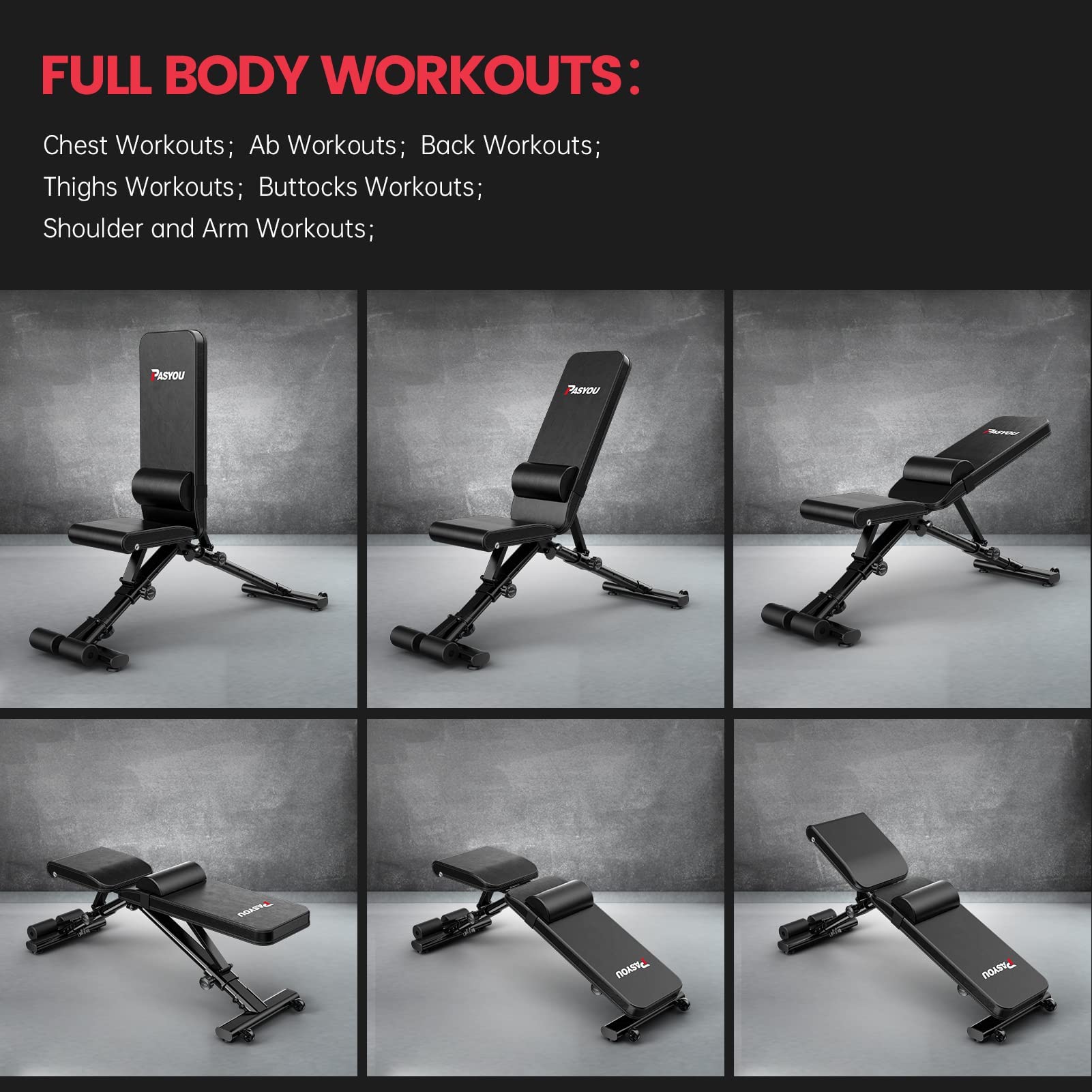 Pasyou Adjustable Weight Bench,880Lb Weight Capacity For Strength Training Bench Press Foldable Incline Decline Bench For Full B