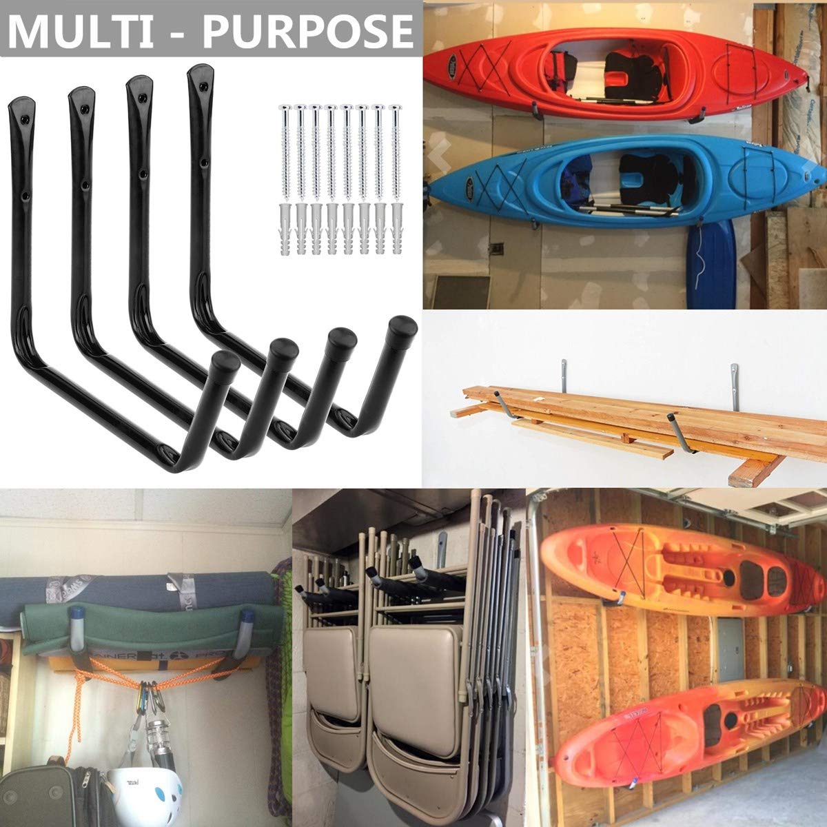 Yisunnan Kayak Storage Utility Rack, Heavy Duty Garage Hangers, Wall Mount Or Dock Hanging Hooks For Canoe,Paddle Board,Surfboar