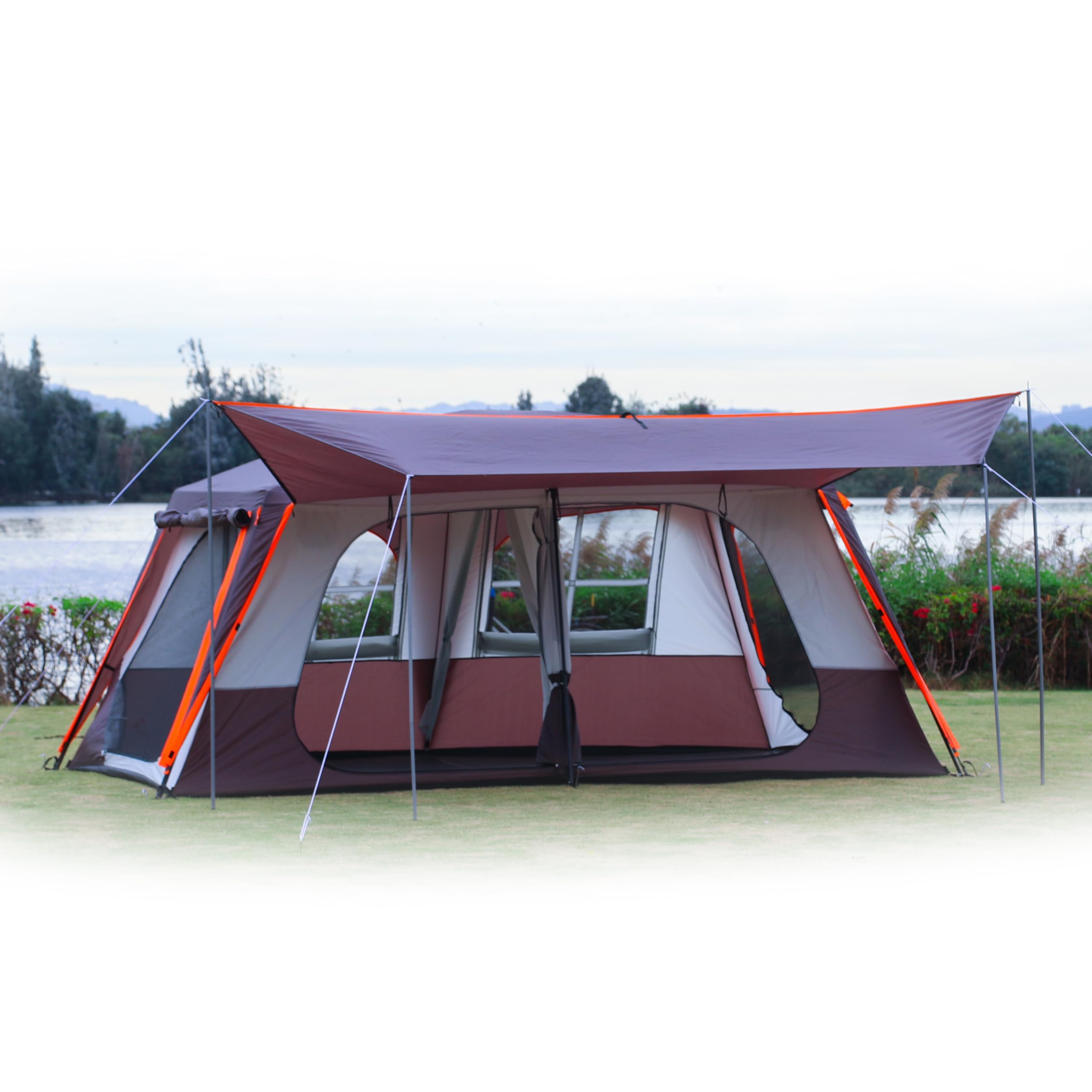 Ktt Extra Large Tent 12 Person(A),Awning Family Cabin Tents,2 Rooms,3 Doors And 3 Windows With Mesh,Straight Wall,Waterproof,Dou