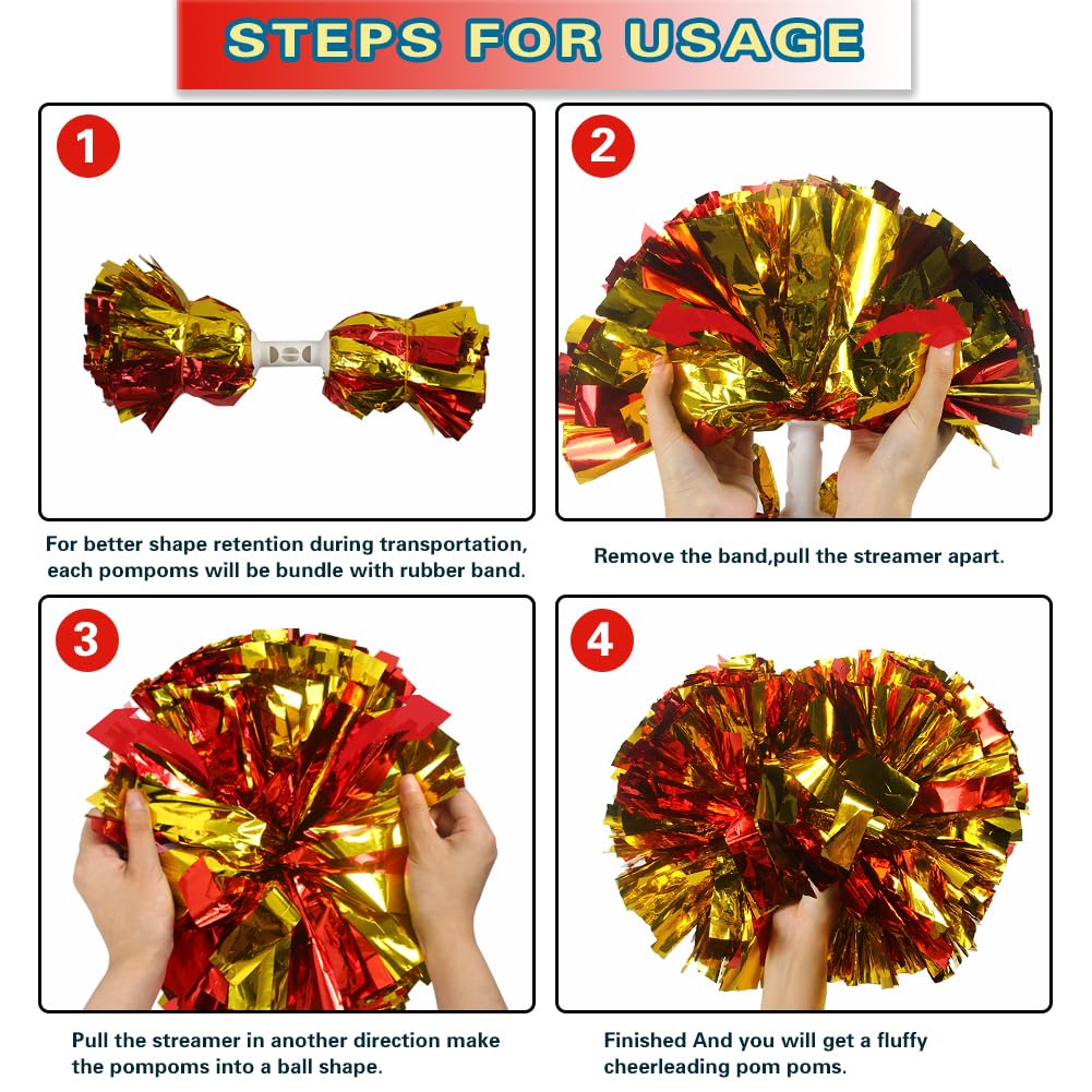 Lovecheer 2Pcs Red And Gold Metallic Pom Poms Cheerleading Cheer Pom Poms With Handle For Dance Party Sports Spirits