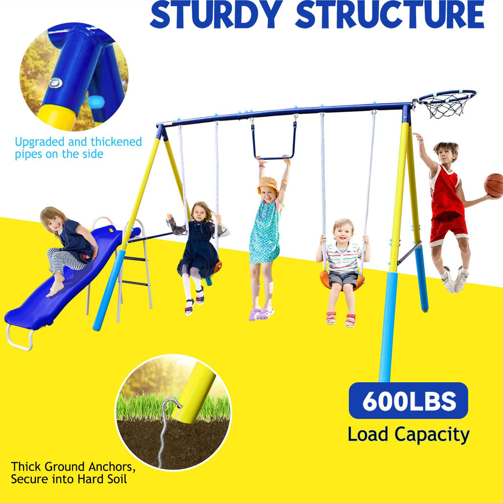 4-In-1 Heavy Duty Swing Set For Backyard - Large Metal Frame With Saucer Swings, Sandbox, Basketball Hoop & Single Swing Seat |