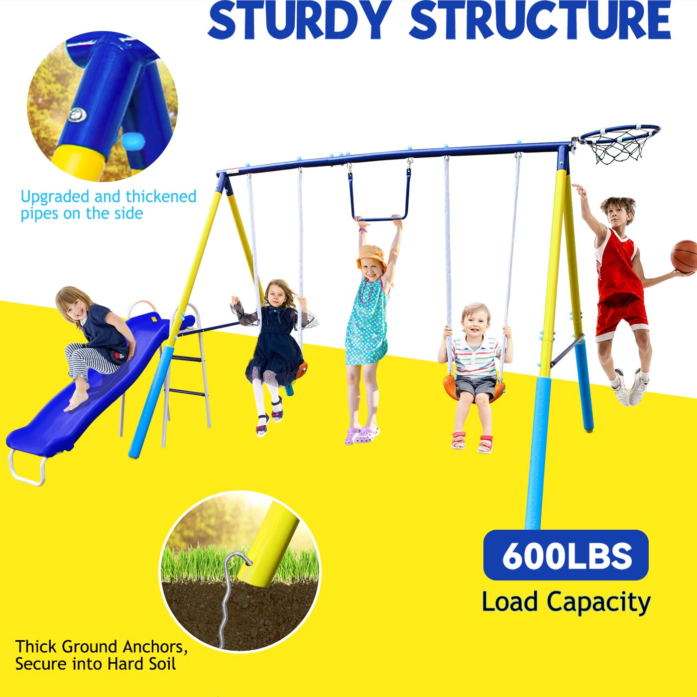 4-In-1 Heavy Duty Swing Set For Backyard - Large Metal Frame With Saucer Swings, Sandbox, Basketball Hoop & Single Swing Seat |