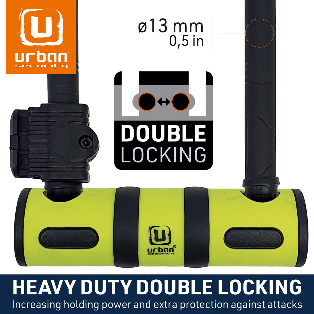 Urban Ur80150B Bicycle U Lock, Hardened Steel, Double Locking, Fork A051In Coating, Interior 31X75In, Security Loop Cable 39Ft A