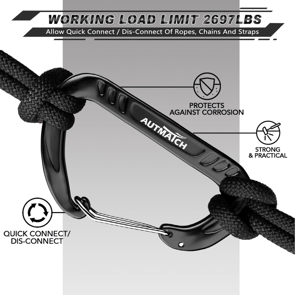 Autmatch Carabiner Clips, 3'' Aluminium Spring Snap Hook Caribeener Clips, 12Kn Heavy Duty Wiregate Carabiners For Camping, Back