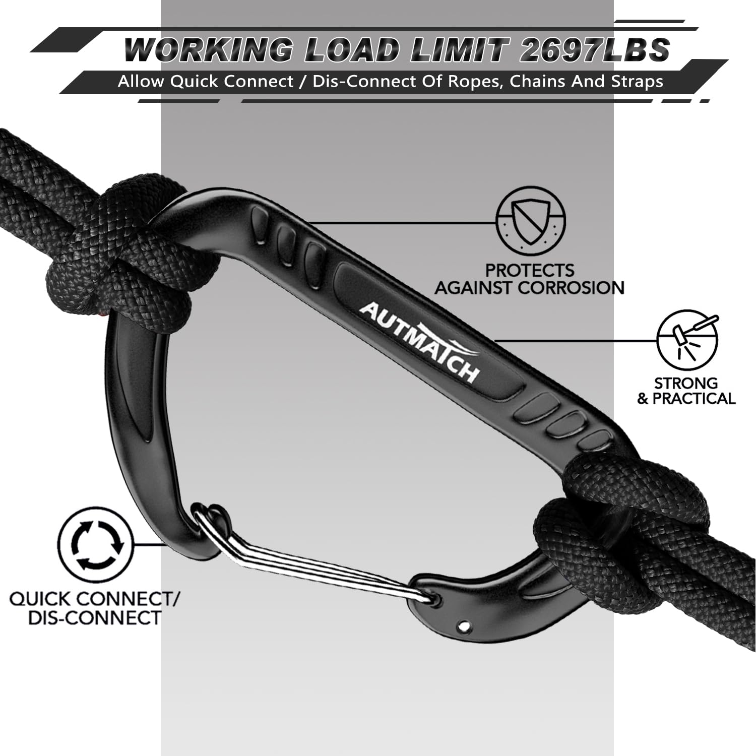 Autmatch Carabiner Clips, 3'' Aluminium Spring Snap Hook Caribeener Clips, 12Kn Heavy Duty Wiregate Carabiners For Camping, Back