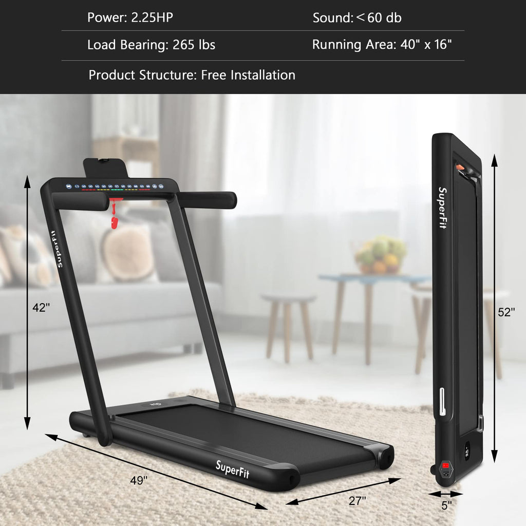 Goplus 2 In 1 Folding Treadmill With Dual Display, 2.25Hp Superfit Under Desk Electric Pad Treadmill, Installation-Free, Bluetoo