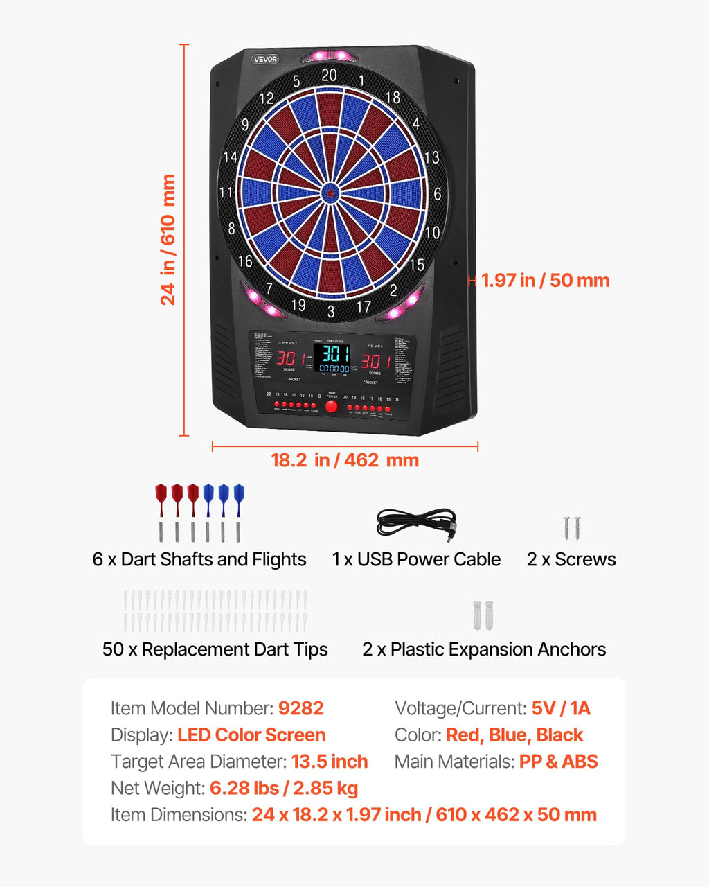 VEVOR Electronic Dart Board, 13.5 Target Dartboard with 45 Games & 474 Variations for Up to 8 Players, 6 Dart Shafts with Flight