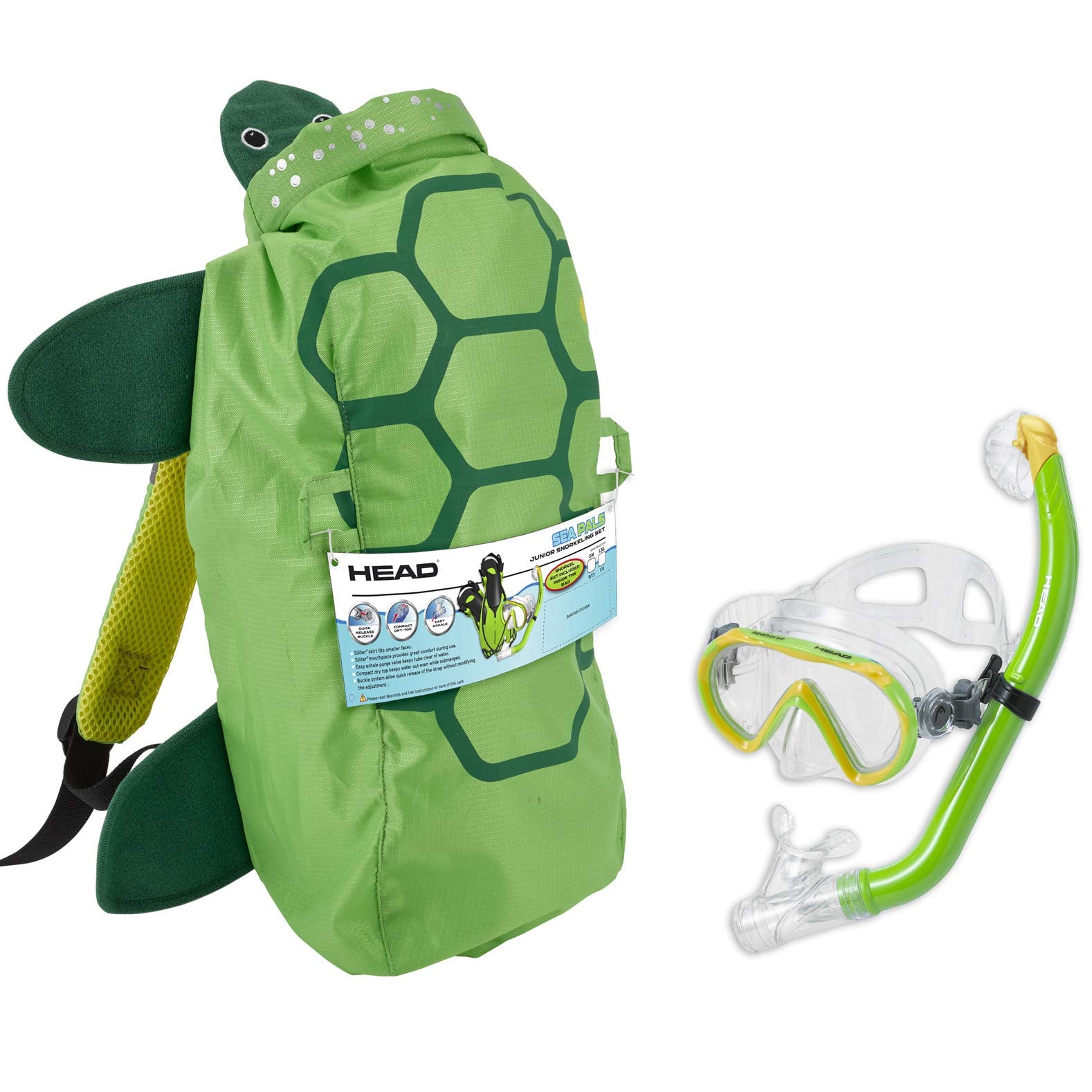 Head Sea Pals Junior Dry Snorkeling Mask/Snorkel Combination Kit For Children Ages 8 To 12 With Carry Bag, Sea Turtle Shell