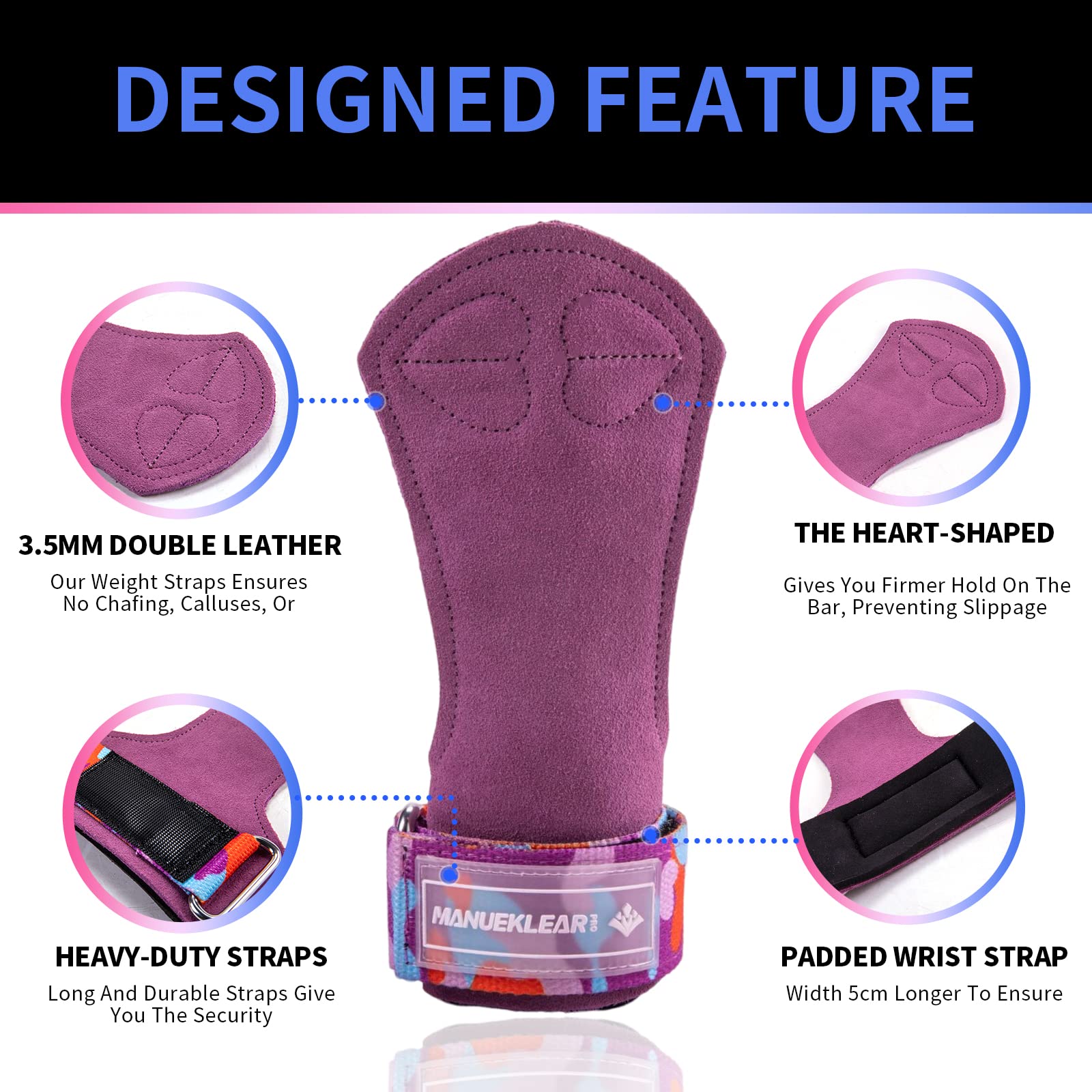 Manueklear Weight Lifting Grips, Leather Hooks Straps For Deadlifts, Pull-Ups, Heavy Shrugs, Non-Slip Adjustable Wrist Wrap Glov
