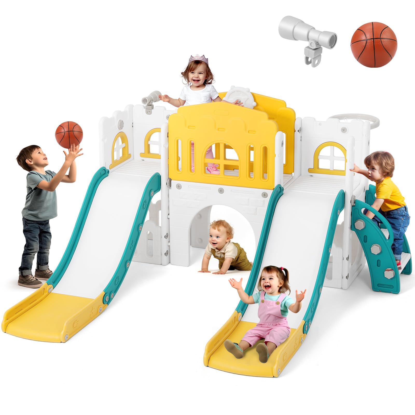 JOYLDIAS 9 in 1 Toddler Slide, Toddler Playground with Double Slides, Climber,Basketball Hoop,Tunnel, Telescope, Storage Space a