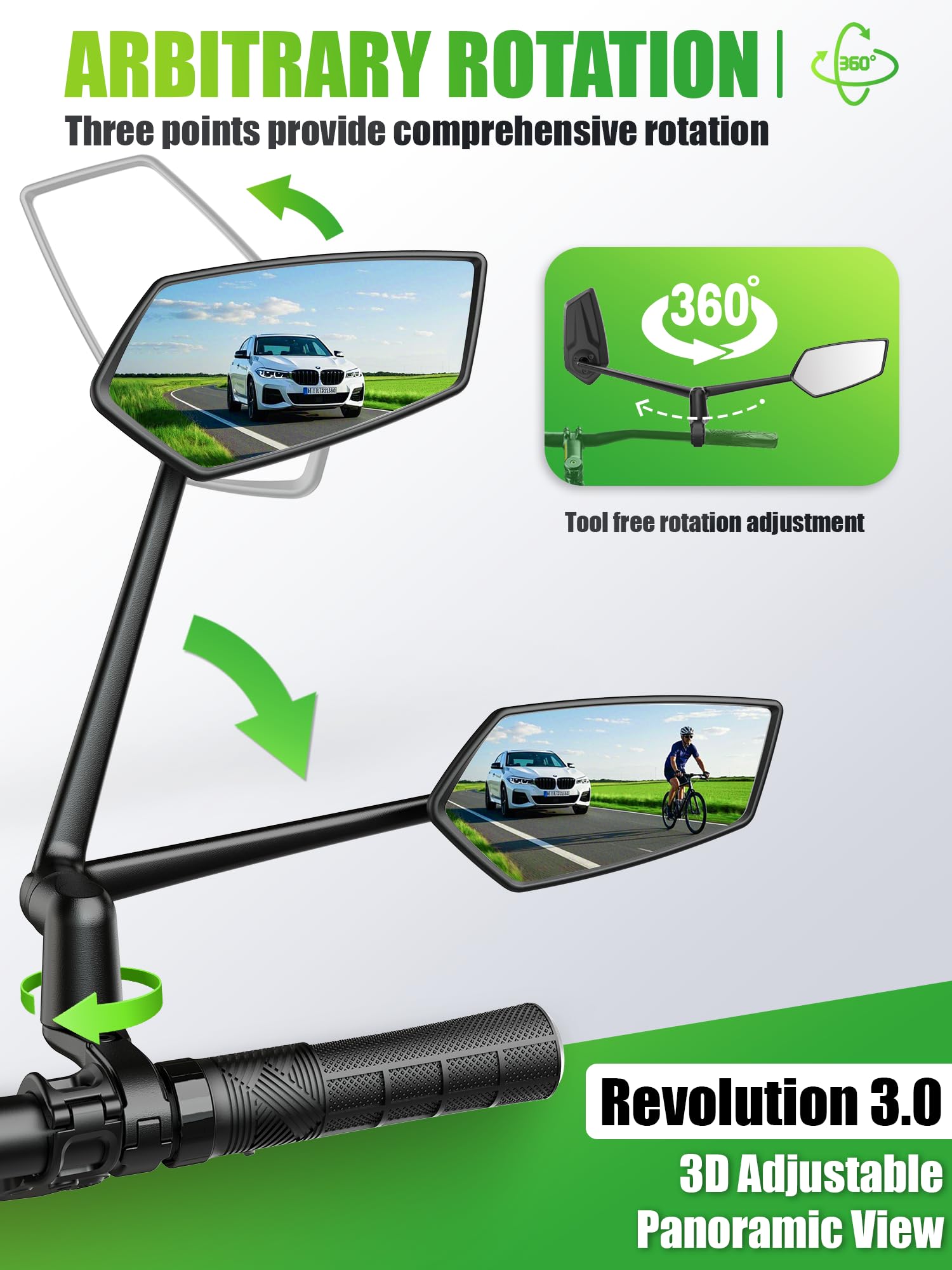 RBRL Bike Mirror, 3D Adjustable Arm for Extended Reach, Aluminum Alloy Anti-shake Bicycle Rearview Mirrors, 360 Panoramic Rearvi