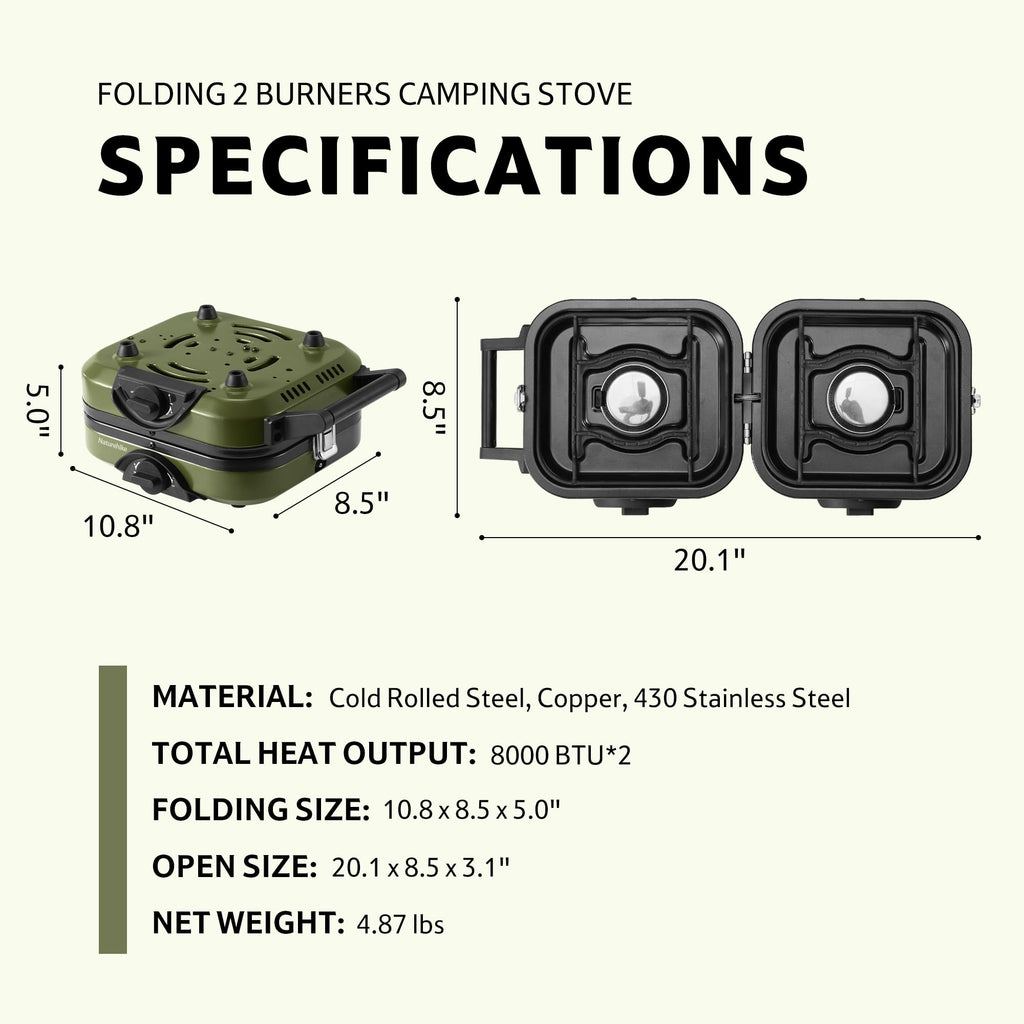 Naturehike 2 Burner Folding Camping Stove, Portable Propane Gas Stove With Carry Bag, 16000 Btu High-Performance Camp Stove With