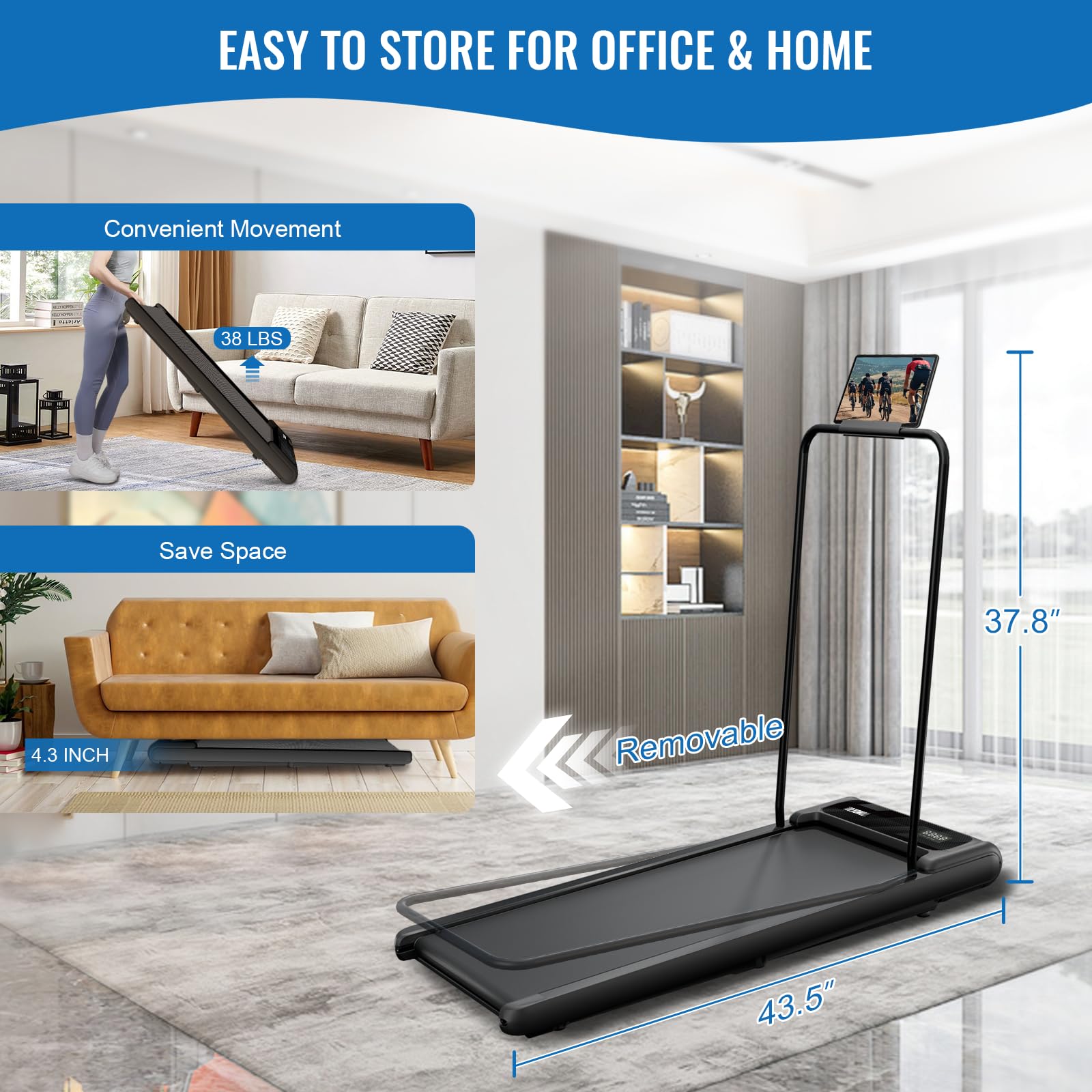 Rivano Treadmill With Handles, Electric Treadmills For Home Small, 270Lbs Capacity, Under Desk Treadmill With Remote Control Led