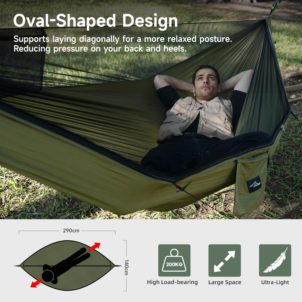Travel Bird Camping Hammock With Mosquito Net And Ridge Rope, Extra Large For 2 Person, Lightweight Hanging Hammocks Tree Straps
