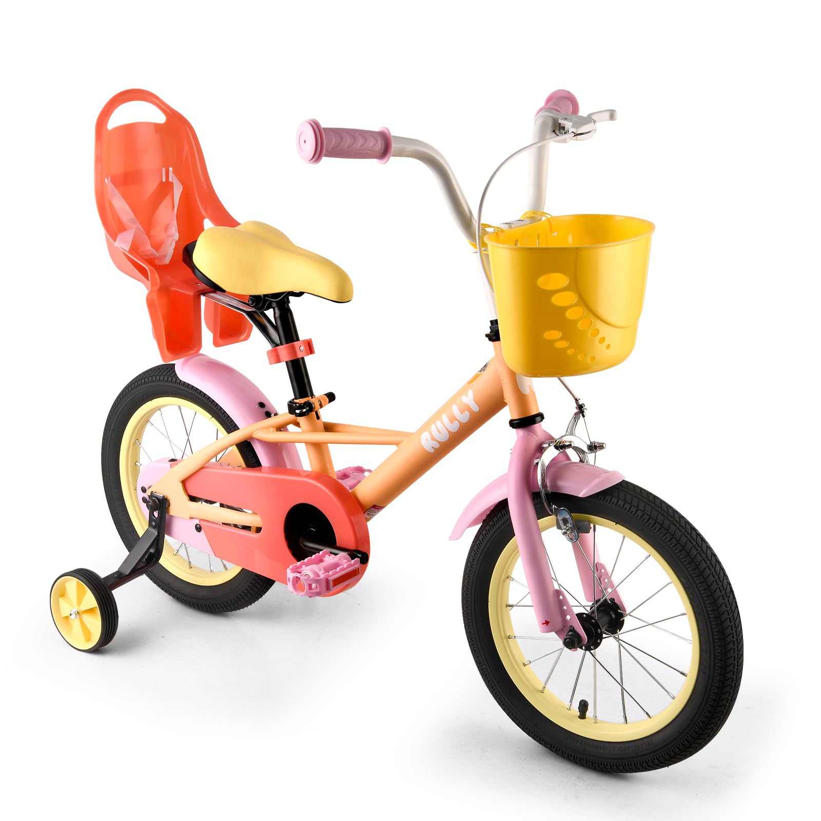 Rully Toddler Bike For 2 3 4 Years Children, 12 Inch Cycle With Training Wheels, Doll Seat, Basket, Handbrake For Girls & Boys,