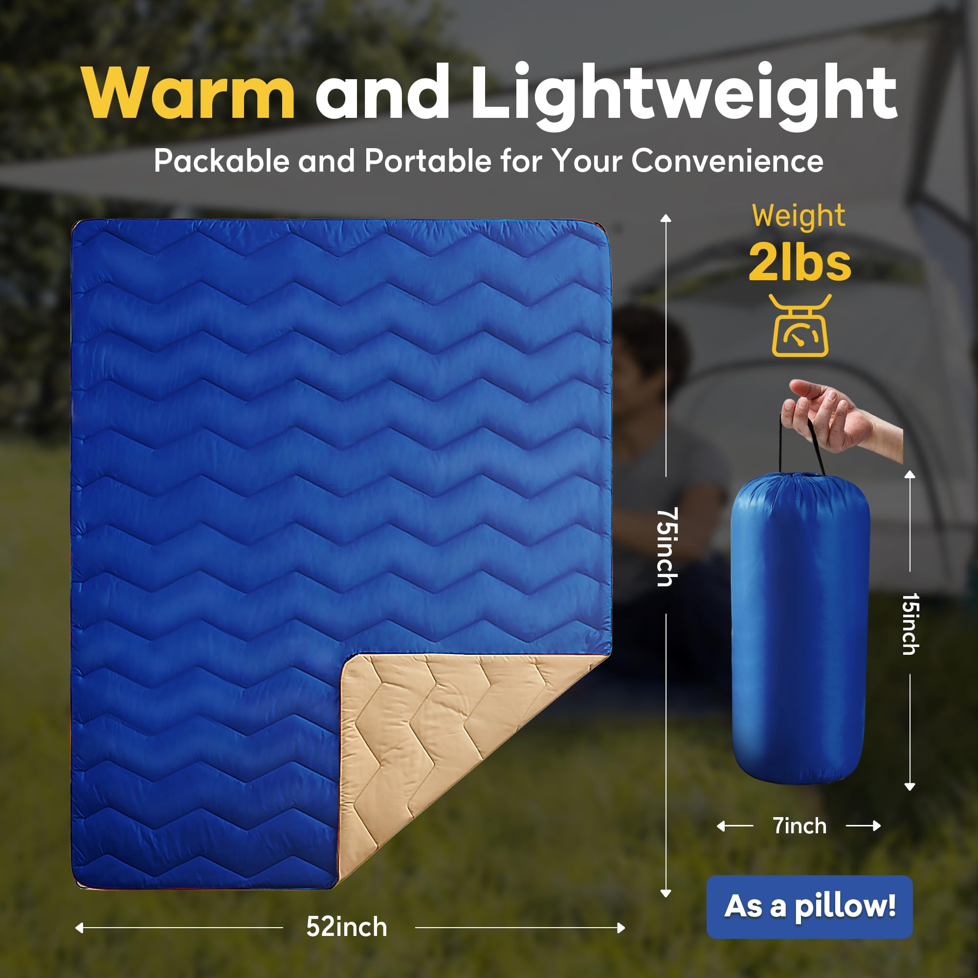 Unikome Outdoor Packable Travel Blanket, Lightweight Waterproof Puffy Down Alternative Camping Blanket With Corner Loops, 75'X52