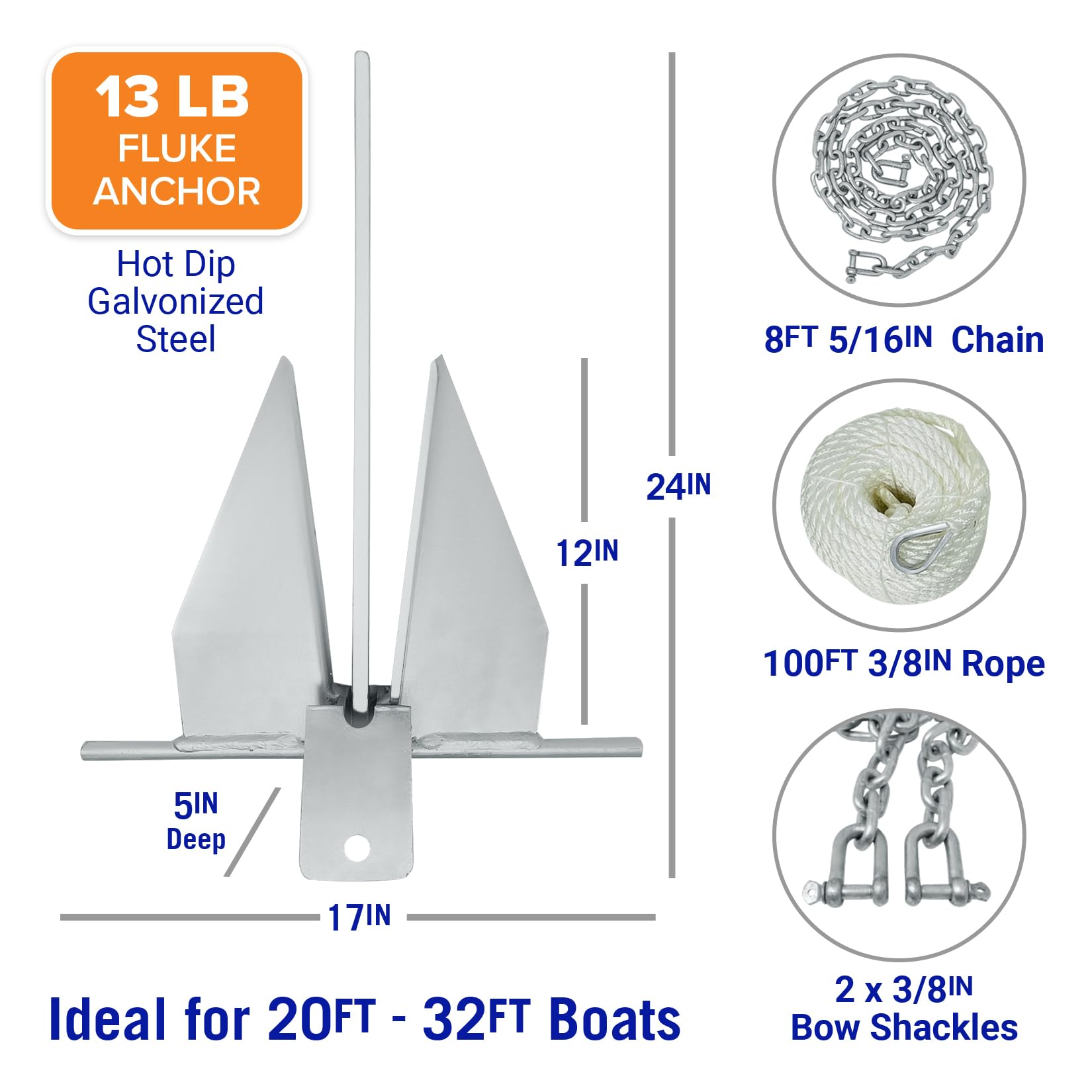 13Lb Heavy Boat Anchor Kit Fluke Anchor With Anchor Chain And Boat Anchor Rope Set For 20' - 32' Foot Including Boat Anchors For
