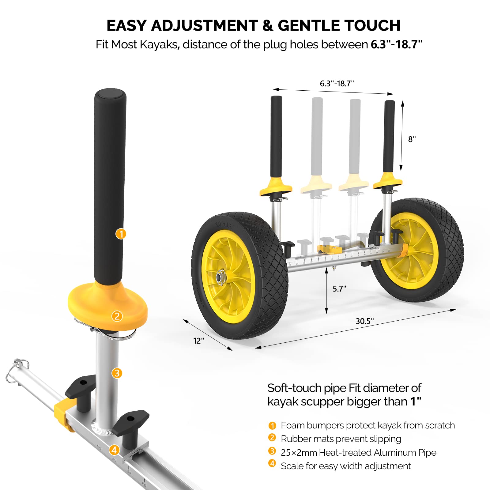 Bonnlo Kayak Cart Dolly Plug-In Kayak Wheels Width Adjustable 6.3''-18.7'' Detachable Canoe Cart 1'' Diameter Posts With 12'' So