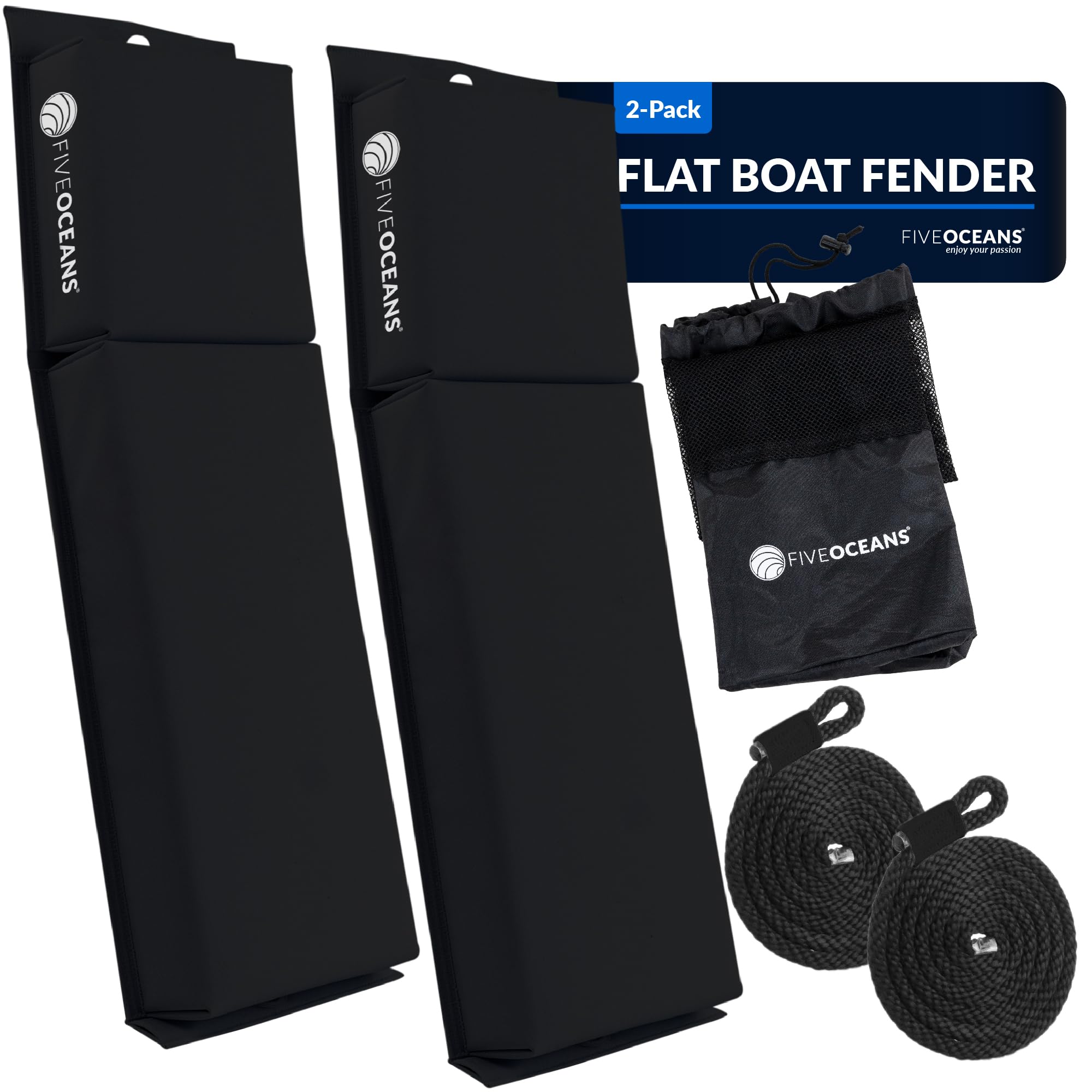 Five Oceans Contour Flat Boat Fender, Boat Fenders, Boat Bumpers For Docking, 2-Pack - 24-Inch, Black, With 3/8-Inch X 5-Foot Fe