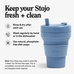 Stojo Collapsible Travel Cup With Straw - Steel Blue, 16Oz / 470Ml - Reusable To-Go Pocket Size Silicone Bottle For Hot And Cold