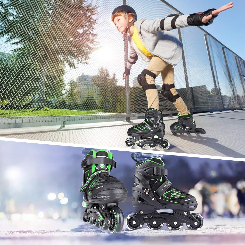Kaqinu Adjustable Inline Skates, Outdoor Inline Skates With Full Illuminating Wheels For Women, Kids, Girls And Boys (Green, L)