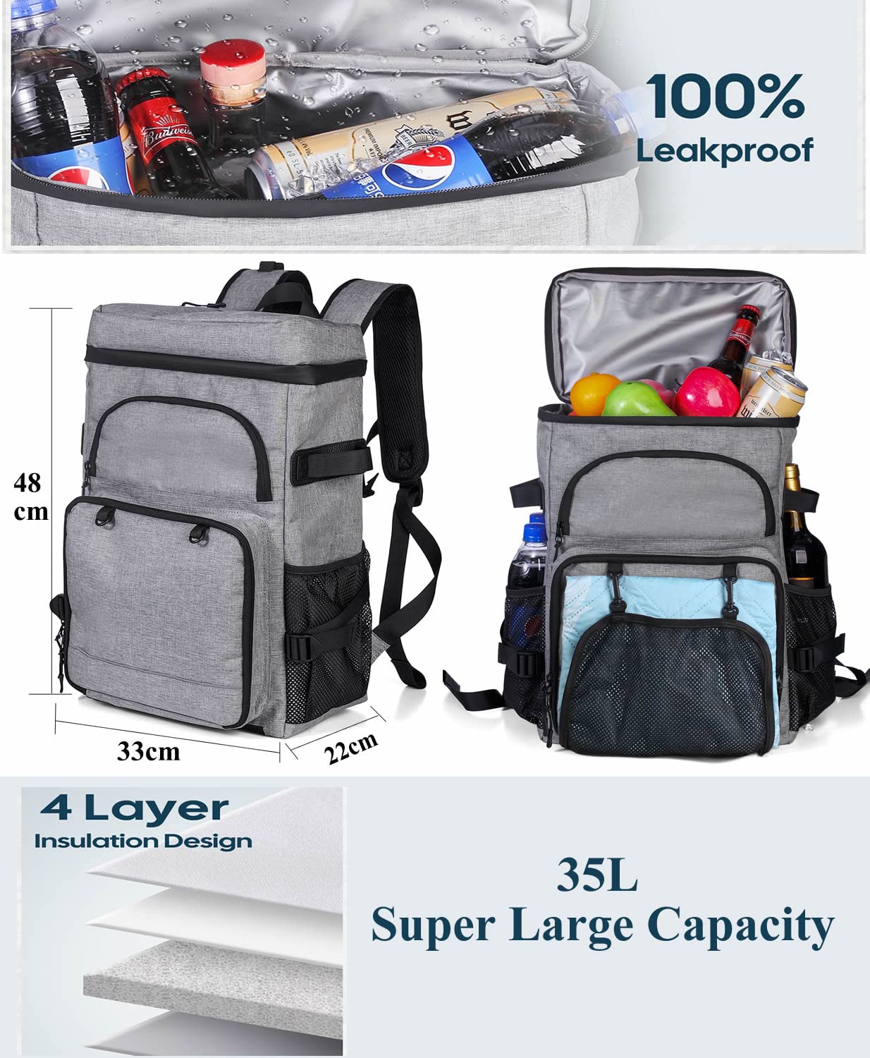 Dewur Cooler Backpack 45 Can Large Capacity Insulated Backpack, Waterproof And Leak-Proof, Portable With Bottle Opener, Perfect