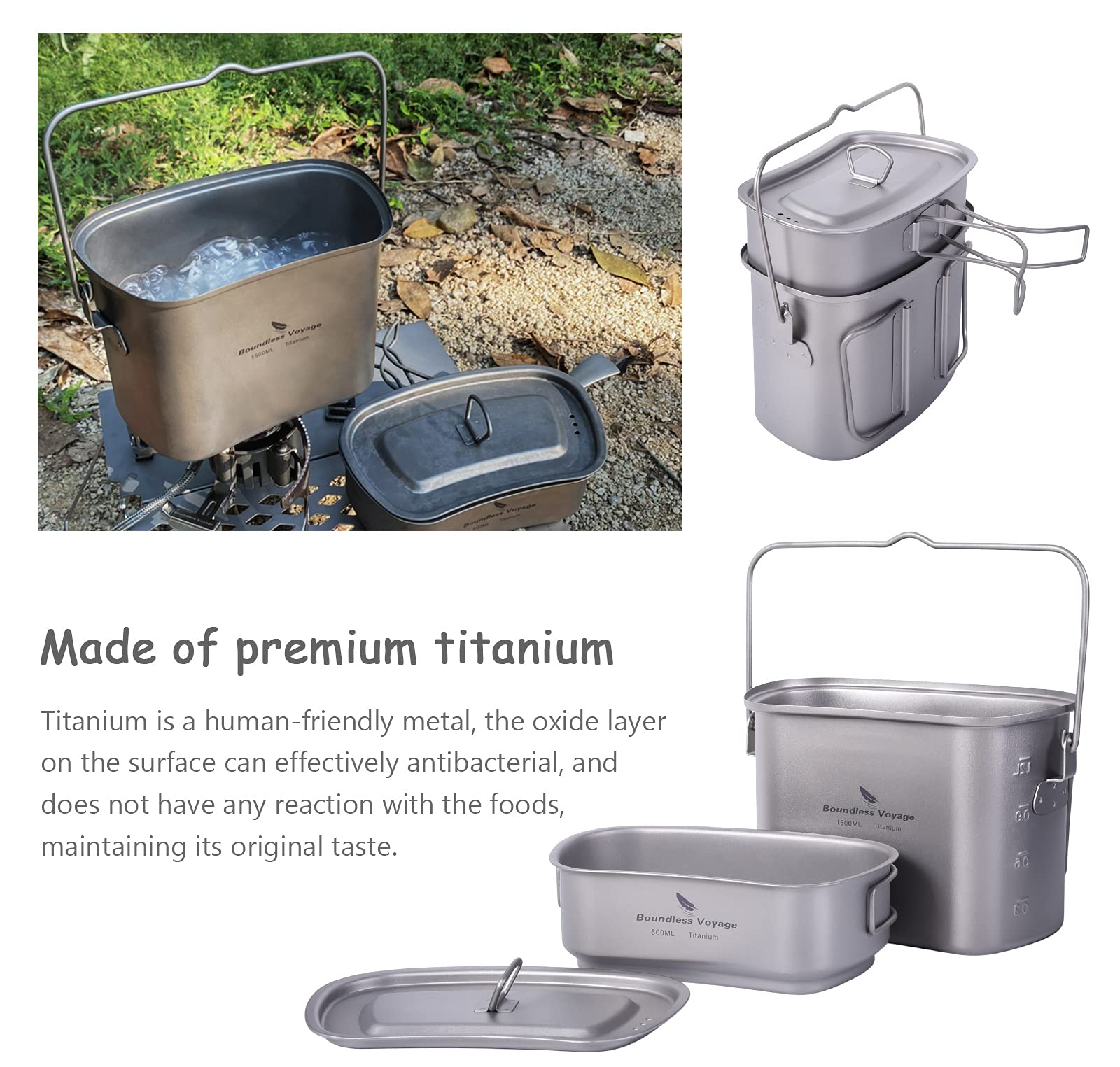 Boundless Voyage Titanium Mess Kit Hanging Pot Cup With Lid Folding Handles Outdoor Camping Cooking Set Ultralight Portable Tabl