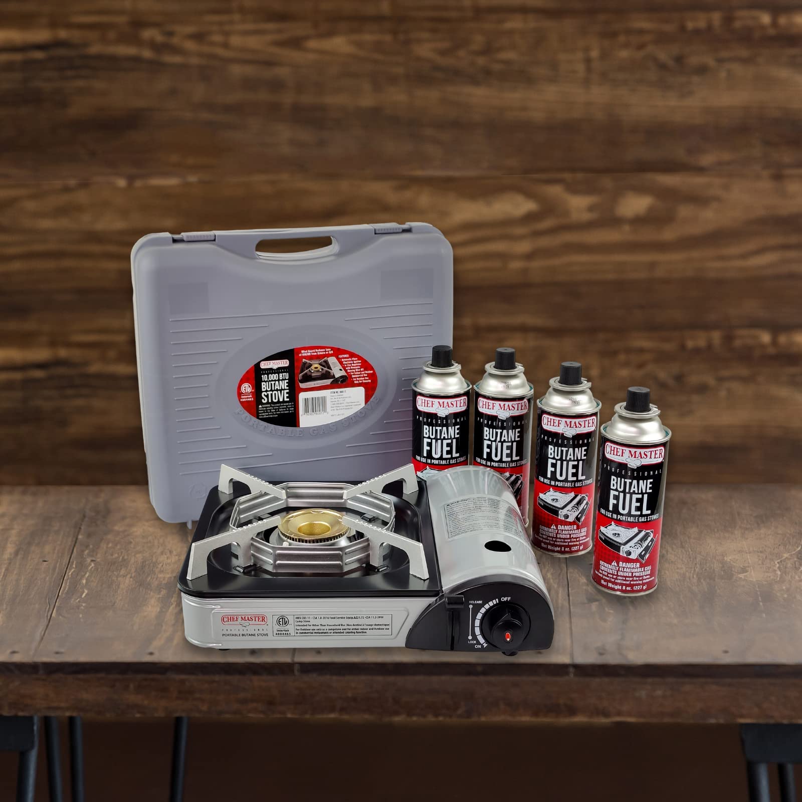Chef Master 90011 Portable Butane Stove  10,000 Btu Outlet  Camp Kitchen Equipment  Emergency Stove  Hurricane Stove  Single Bur