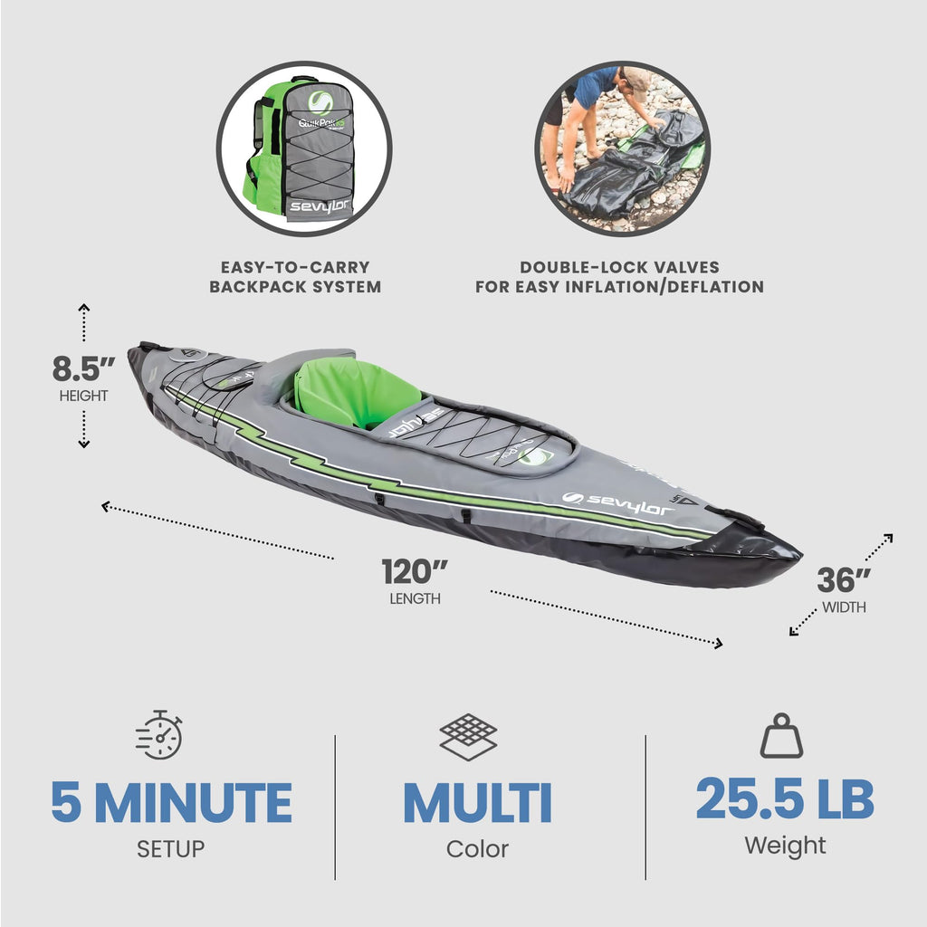 Sevylor Quickpak K5 1-Person Inflatable Kayak, Kayak Folds Into Backpack With 5-Minute Setup; Hand Pump And Paddle Included