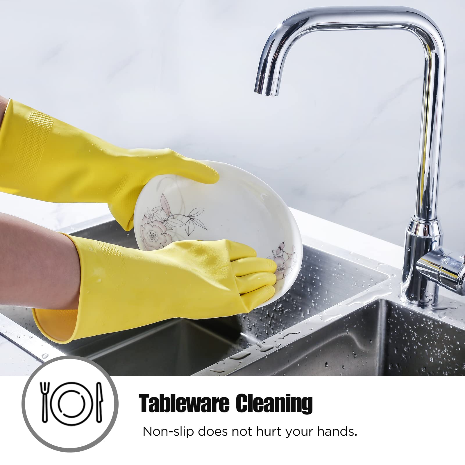 Iucge Rubber Cleaning Gloves Yellow 3 Pairs For Household,Reuseable Dishwashing Gloves For Kitchen(3,Small)