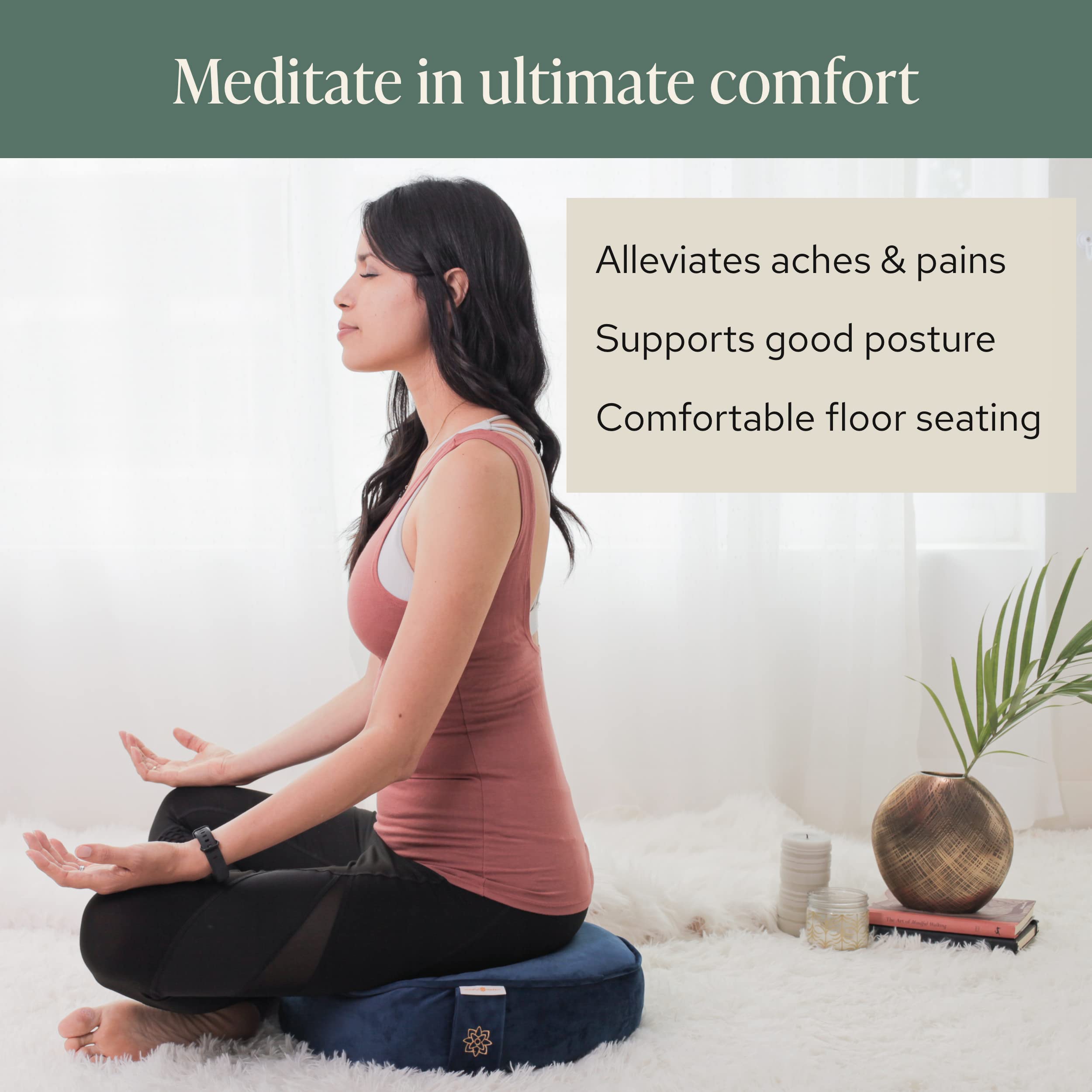 Mindful & Modern Velvet Meditation Cushion | Luxe Zafu Yoga Floor Pillow Seat | Posture Support | Buckwheat Hull Filled | Large