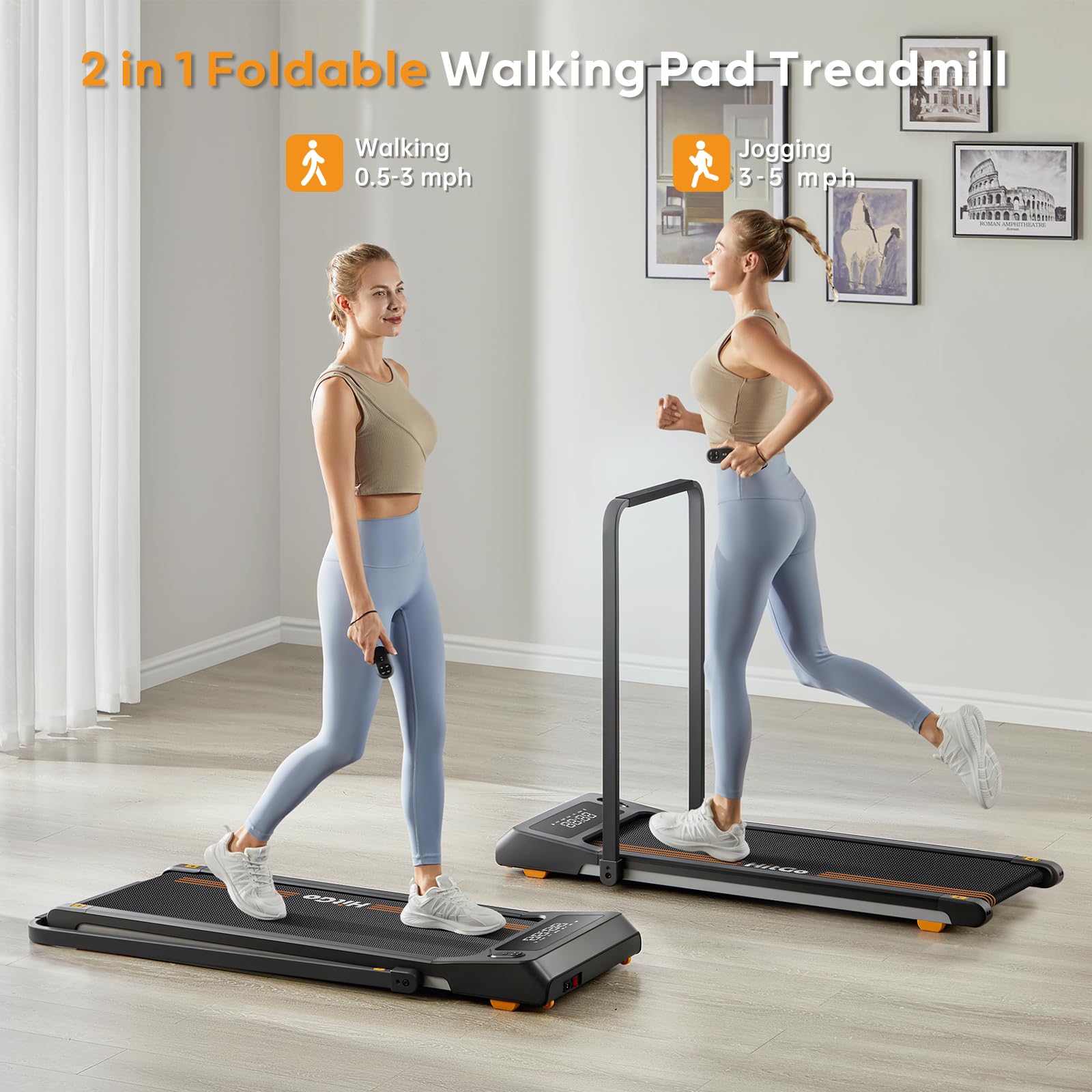 Hitgo Walking Pad For Home Office, Portable Under Desk 2 In 1 Treadmill With Foldable Handle, Remote Control, App, And Led Displ