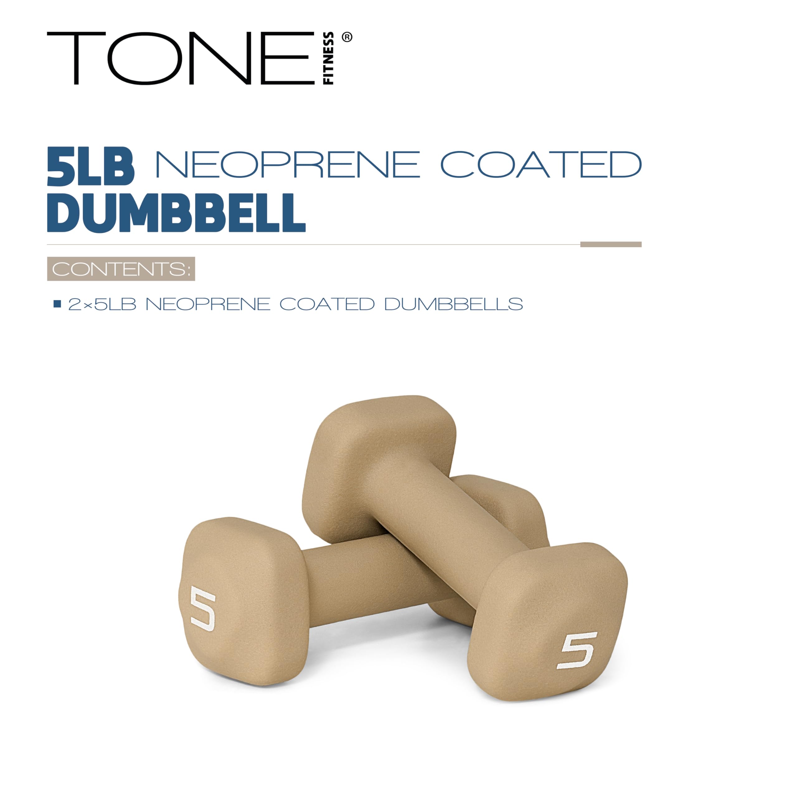 Tone Fitness 5 lb Neoprene Dumbbell Pair for Home Workouts - Non-Slip Design - Beige