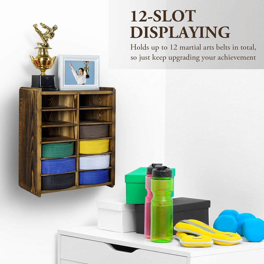 Mygift 12 Compartment Rustic Burnt Solid Wood Wall Mounted Dual Display Martial Arts Belt Holder With Top Trophy Storage Shelf I