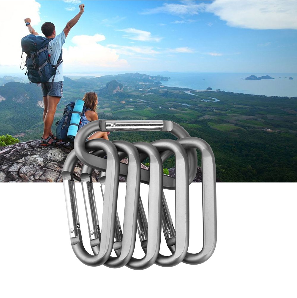 6Pcs Carabiner Caribeaner Clip,3'' Large Aluminum D Ring Shape Carabeaner With 6Pcs Keyring Keychain Hook (Grey)