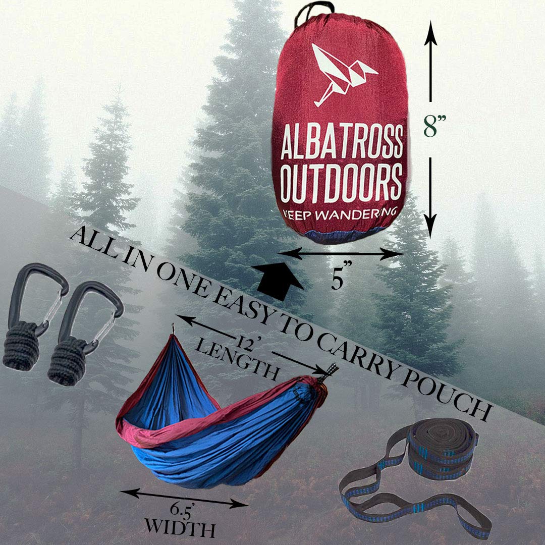 Albatross Outdoors Xl Double Camping Hammock - Quality Breathable Ripstop Nylon - High Capacity - Includes Tree Straps And Carab