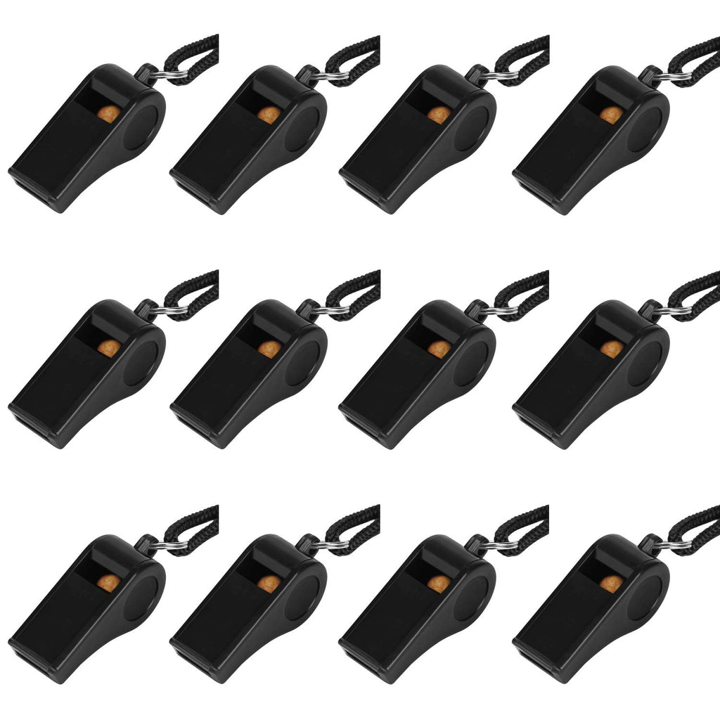 Fya Sports Whistle With Lanyard, Super Loud Whistle, 12Pcs Black Plastic Whistles