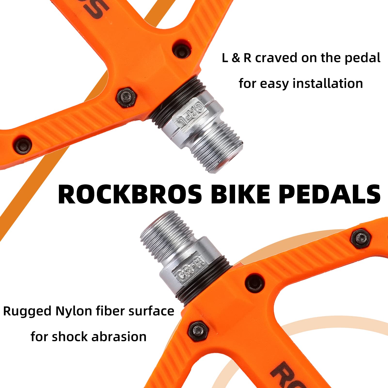 Rock Bros Mountain Bike Pedals Nylon Composite Bearing 9/16'' Mtb Bicycle Pedals With Wide Flat Platform Orange