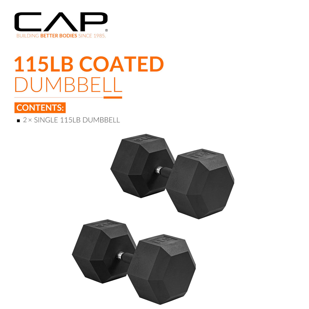 CAP Barbell 115 LB Rubber Coated Hex Dumbbell Hand Weight with Padded Grip - Pair | Comfort Grip