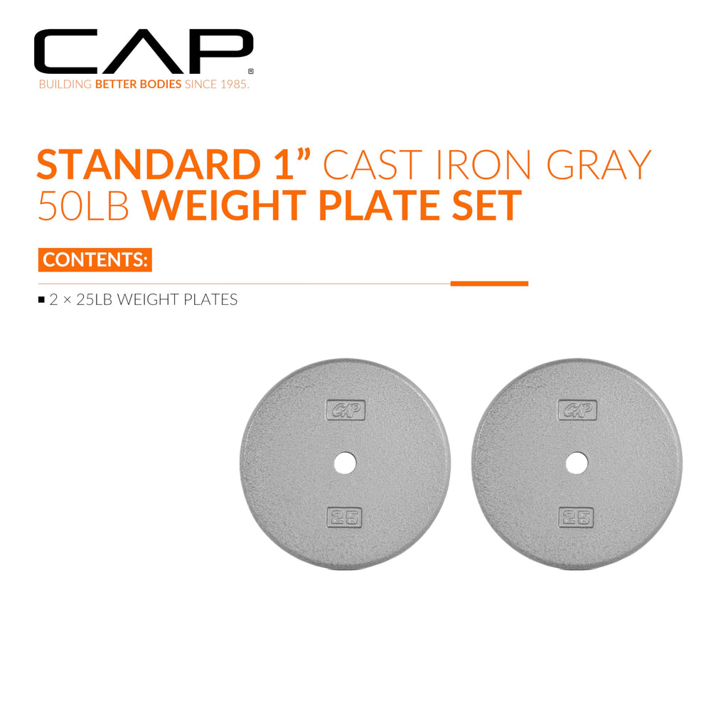 CAP Barbell Cast Iron Standard 1-Inch Weight Plate Set - Barbell Weights for Home Gym, Strength Training, and Weightlifting, 25