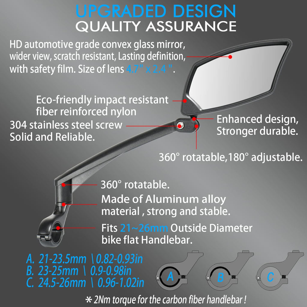 Bike Mirror For Handlebar Bikes Briskmore Bicycle Mirror For Scooter E-Bike, Scratch Resistant Glass Lens, Ajustable And Rotatab