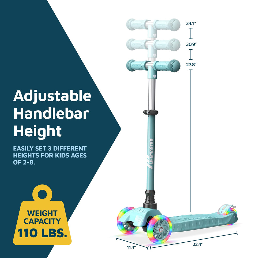 Lifemaster Kids Scooter - Children and Toddler 3 Wheel Kick Scooter - LED Wheel Lights Illuminate When Rolling- Adjustable Handl