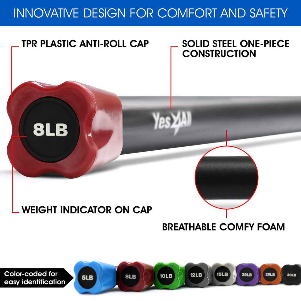Yes4All Total Body Weighted Workout Bar, Body Bar For Exercise, Therapy, Aerobics, And Yoga, Strength Training 8Lbs