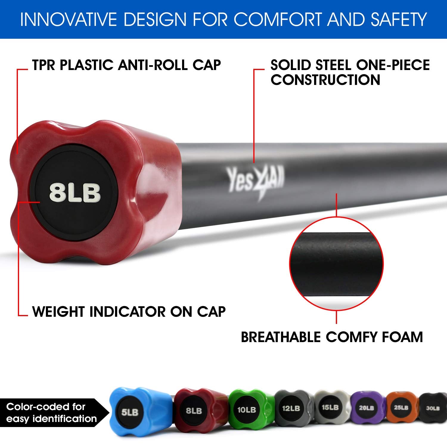 Yes4All Total Body Weighted Workout Bar, Body Bar For Exercise, Therapy, Aerobics, And Yoga, Strength Training 8Lbs