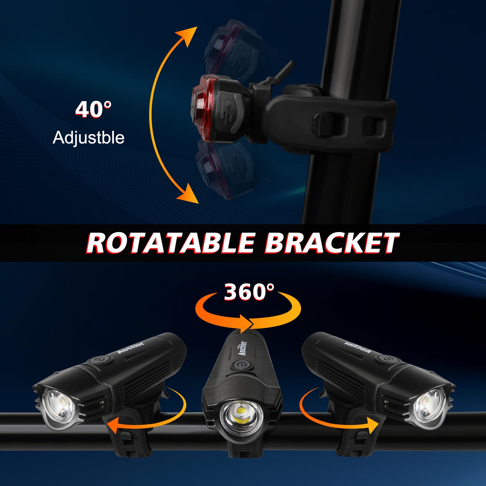 Ascher Ultra Bright Usb Rechargeable Bike Light Set, Powerful Bicycle Front Headlight And Back Taillight, 4 Light Modes, Easy To
