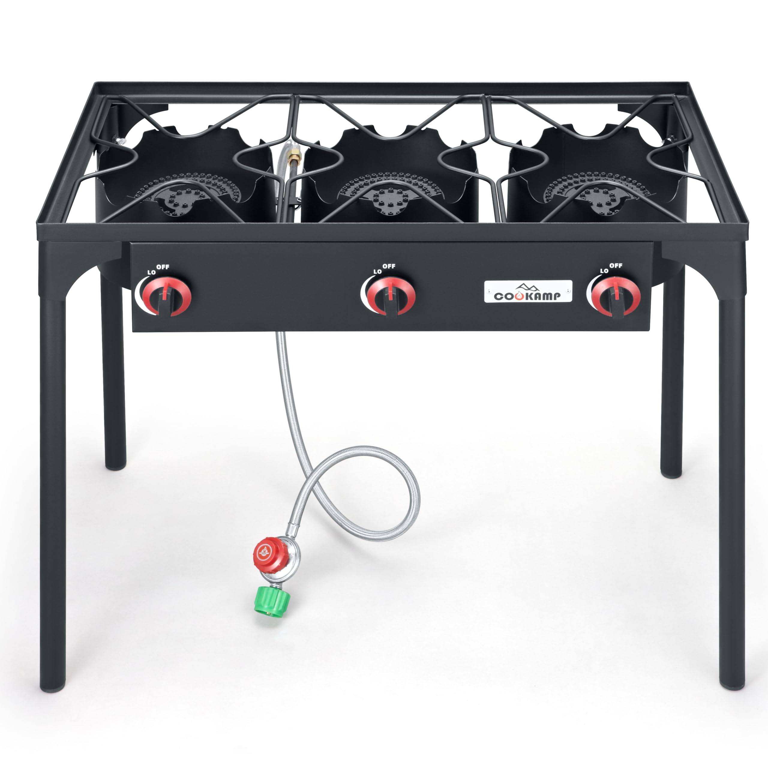 Cookamp High Pressure Triple Propane Burner Outdoor Propane Camping Stove With 0-20 Psi Adjustable High Pressuer Regulator And S