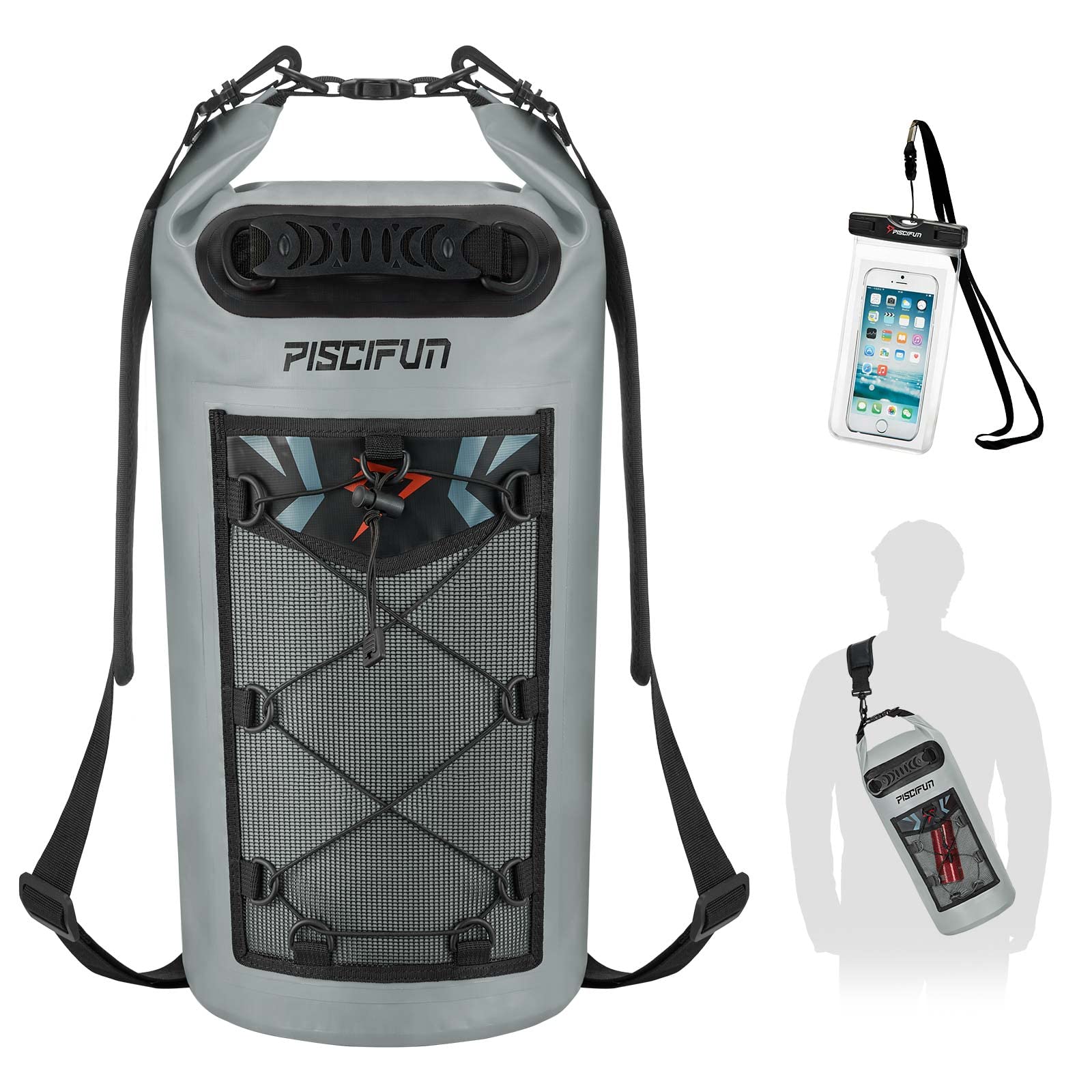 Piscifun Dry Bag, Waterproof Floating Backpack 10L with Waterproof Phone Case for Boating, Kayaking, Fishing, Grey 10L