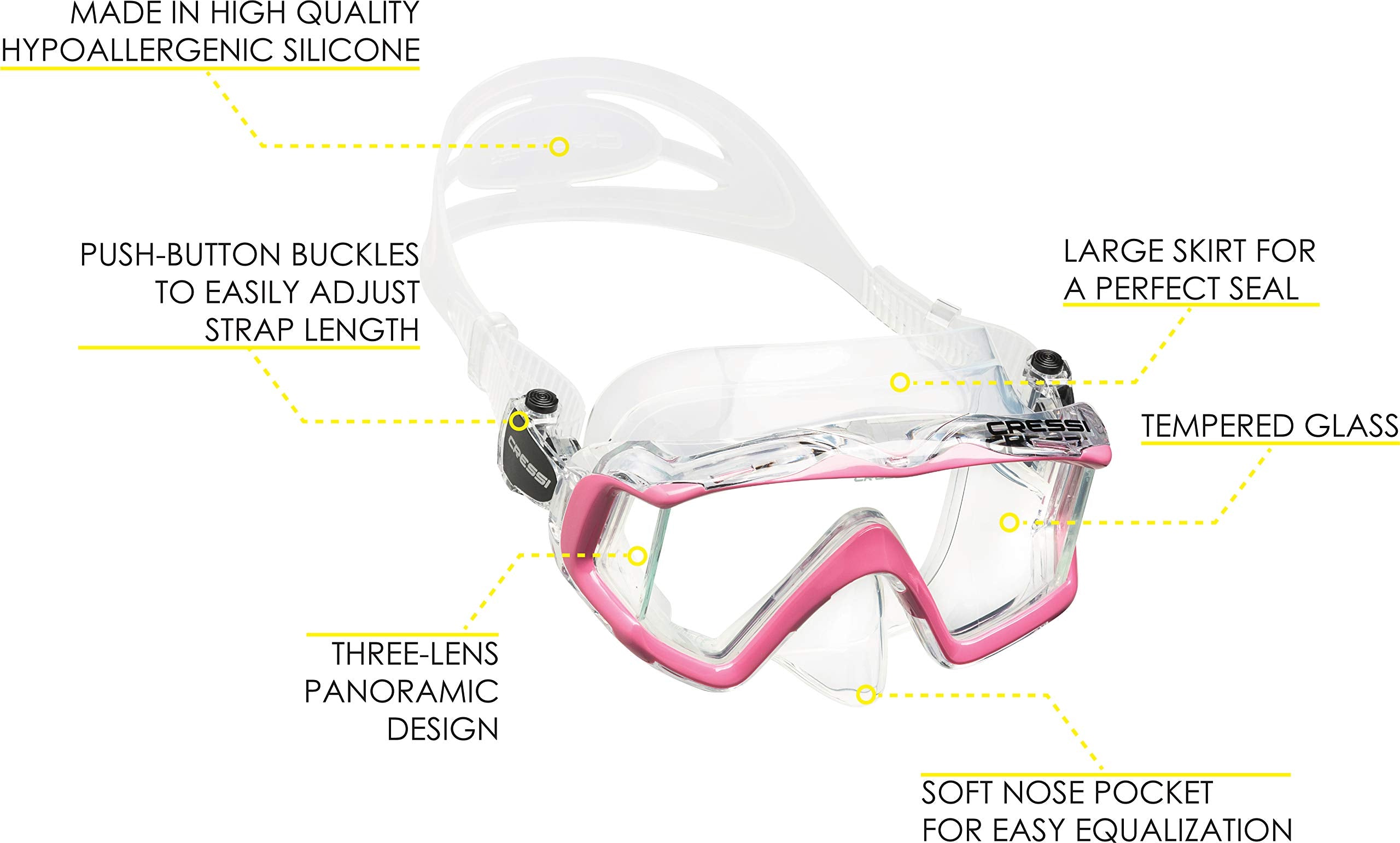 Cressi Panoramic Wide View Mask With Dry Snorkel Set, Clear Pink