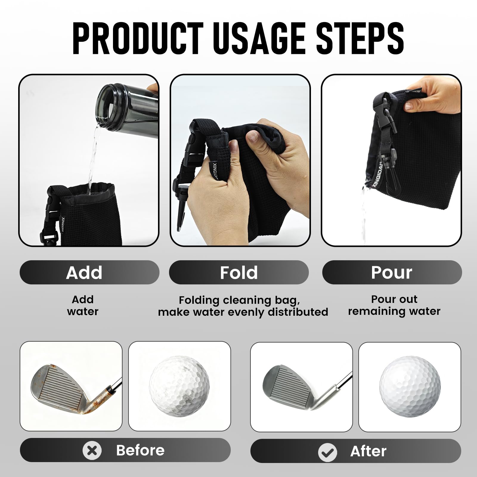 XINQIDAI Golf Club and Golf Ball Cleaning Bag - Cleans Club Grooves, Golf Bag Accessories,Waterproof Clean Face Tech, Detachable